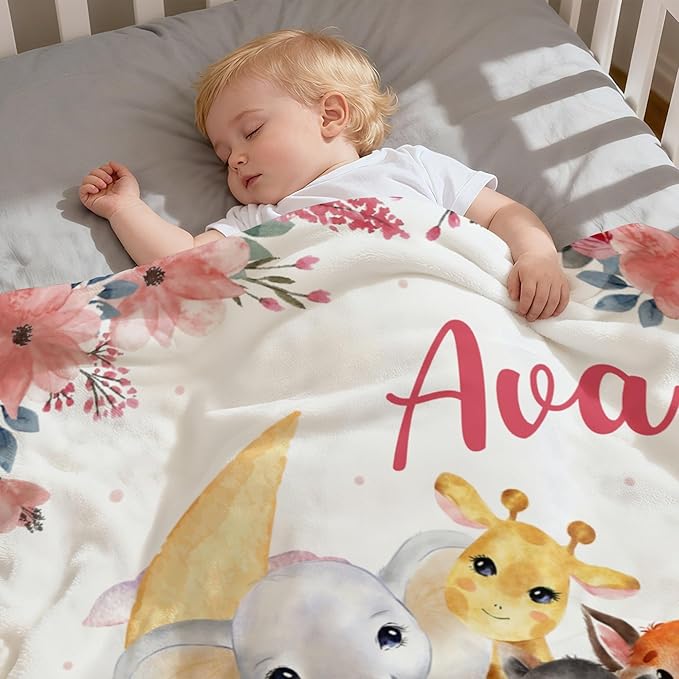 Personalized Baby Blanket with Name, Customized Soft Animals Flannel Blankets for Newborn Boys Girls and Toddlers, for New Mom, Infant Birthday Gift, Moon Zoo