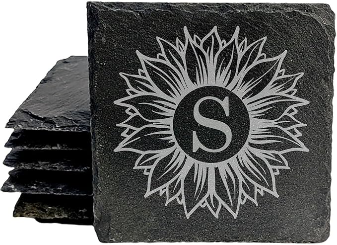 Personalized Monogram Family Coasters, Natural Stone Set, Birthday, Wedding, Customized, Rustic - Square Slate - Set of 4