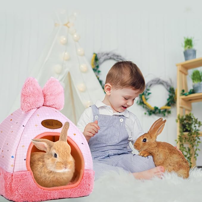 Bunny Bed Hideouts House Ferrets Rats Hedgehogs Chinchilla Cage Accessory for Rabbit Guinea Pig Hamster Cozy and Warm Rabbit Bed with Cute Bowknot Rabbits Hamster Bunny (Pink)
