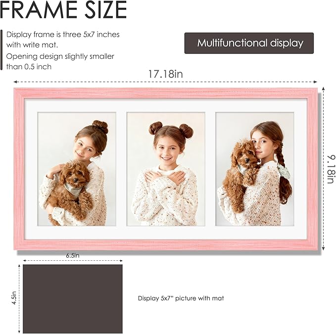 8x16 Collage Picture Frame 5x7 Collage Picture Frame Displays Three 5x7 inch Photos or 8x16 (Without Mat) for Available Horizontal Wall Mounting Display and Vertical Pink