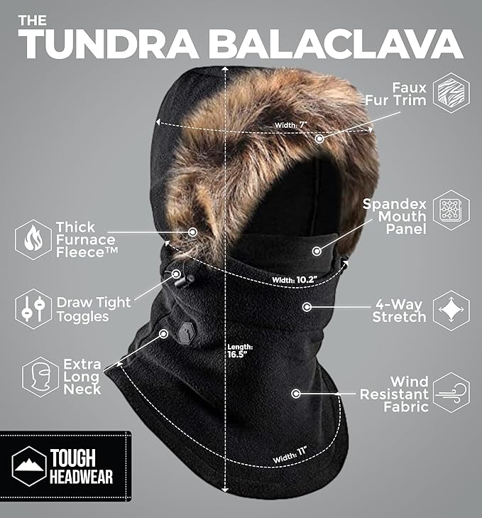 Tough Headwear Fleece Balaclava Ski Mask - Windproof Cold Weather Gear - Hunting Essentials - Ski Mask for Men