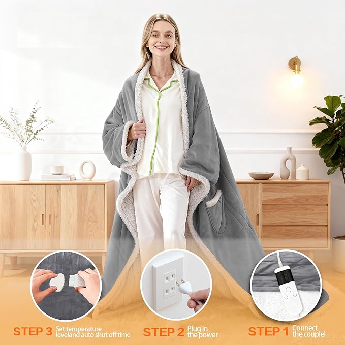 Wearable Heated Blanket With Sleeves & Foot Pocket, Heated Throw Blankets Fast Heating Blanket With 10 Heat Settings Auto Shut Off Over-Heat Protection-Warm Gift, Machine Washable, 52”*72”+18”