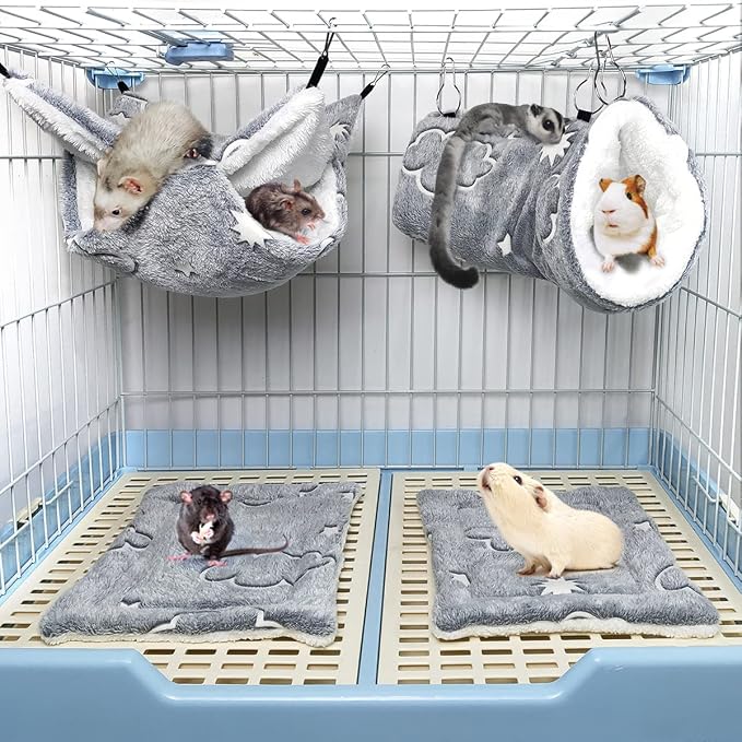LEFTSTARER Noctilucent Luminous Guinea Pig Rat Hammock Bunkbed Hanging Tunnel and Soft Bed Mat for Ferret Hedgehog Squirrel Hideout Cage Accessories (6.Bunkbed Hammock Cloud&Star)