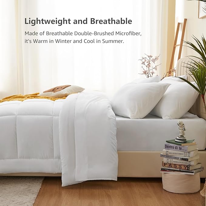 CozyLux Twin Comforter Set with Sheets White, 5 Pieces Bed in a Bag, White Comforter Twin Size, All Season Bedding Set with Stitch Quilted Comforter, Flat Sheet, Fitted Sheet, Pillowcases