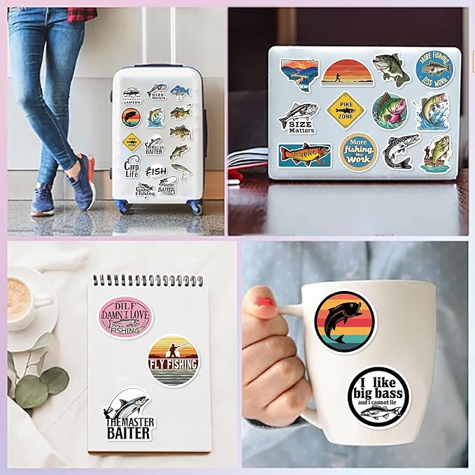 50Pcs Go Fishing Sticker, Cute Fish Stickers for Kids Teens Adults, Vinyl Cartoon Animals Decals Kawaii Outdoor Fishing Sticker for Decor Water Bottles Laptops Guitar Scrapbook