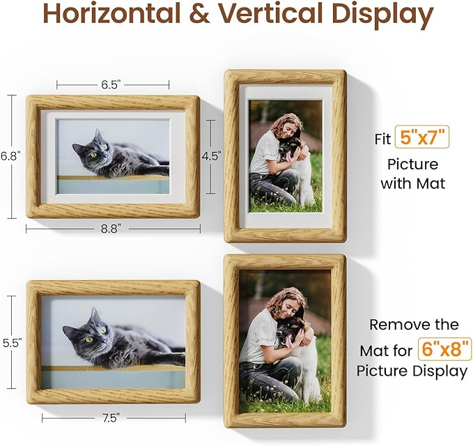 6x8 Picture Frame Natural Oak Wood From California-USA with Real Tempered Glass, Handcrafted 8 x 6 Photo Frame Matted to 5x7 Wedding Photo,Family Picture,Graduation Picture Display on Table & Wall