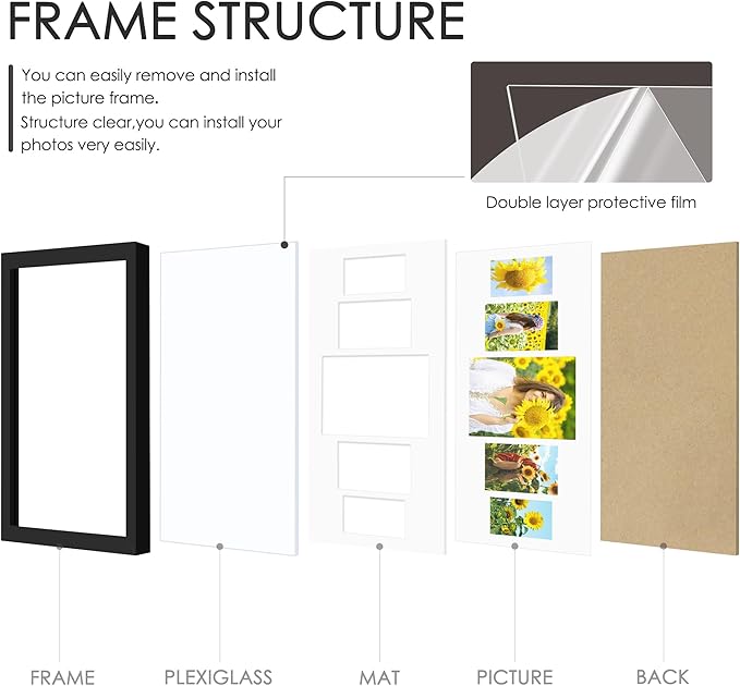 12x28 Collage Picture Frames Display One 8x10 Inch and Two 5x7 and Two 4x6 Photos Collage Wall Decor Wall Hanging or Tabletop Black