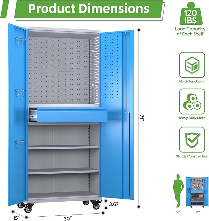 71" H Metal Garage Storage Cabinet with Wheels and Doors,Rolling Tool Cabinet with Pegboard,Rod and Drawer for Garage Warehouse Home,Required Assembly,Grey and Blue