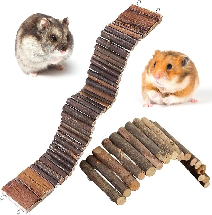 PINVNBY 2PCS Bendy Hamster Suspension Bridges(21.8in and 8.7in) Flexible Hamster Climbing Ladder Natural Wooden Bridge Hamster Cage Accessories for Guinea Pig Dwarf Sugar Glider Rat Mouse Chinchillas