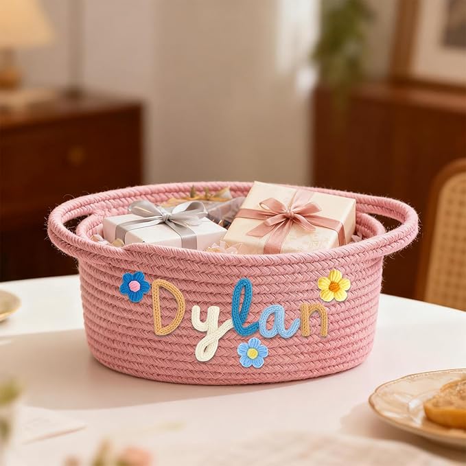 Personalized Baby Gift Baskets Empty with Name, Custom Toddler Woven Storage Baksets with Handle, Baby Shower Basket Gifts for Infant New Parents