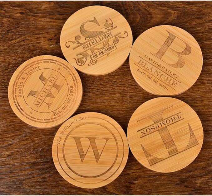 Personalized Coasters, Custom Engraved Coasters, Bamboo Coasters for Drinks, Monogram Coasters with Holder, Great Gifts for Relatives, Friends or Yourself (M, Set of 4)