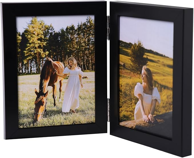 Double Vertical 5X7 Hinged PS Family Picture Frame Collage For Desktop or Tabletop (Black 57X2)