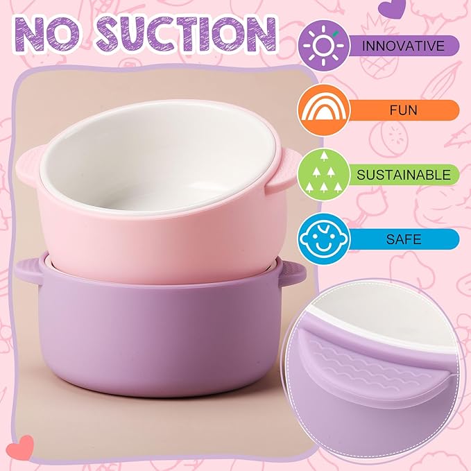 Domensi 2 Sets Kids Porcelain Bowls with Removable Silicone Sleeve 2-in-1 Porcelain Toddler Bowls Microwave Dishwasher Safe Cereal Snack Soup Dishes for Baby Children Feeding Supplies (Pink Purple)