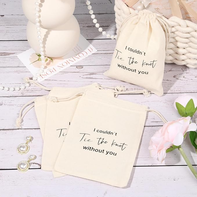 CEELGON 8 Pcs Drawstring Jewelry Pouch Bridesmaid Gift Bags Linen Cotton Fabric Wedding Bridal Party Favor Bags Bachelorette Tie The Knot Earring Packaging Proposal Gift (Natural)