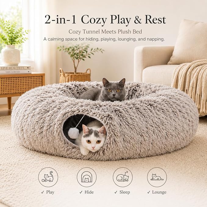 Warm Fluffy Plush Cat Tunnel Bed Under Christmas Tree Big Tube Playground Toys 3 FT Diameter Longer Crinkle Collapsible 3 Way, for Indoor Cat Kitty Kitten Puppy Rabbit Ferret Brown