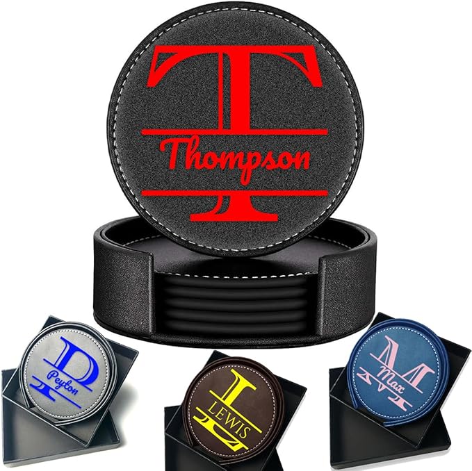 Custom Name Coasters, Personalized Set of 5 Leather Coaster with Holder Gift Box, Customize Split Letter Monogram, Non-Slip Heat Resistant Waterproof for Coffee Table Bar Beer Wine Cup Wedding Party