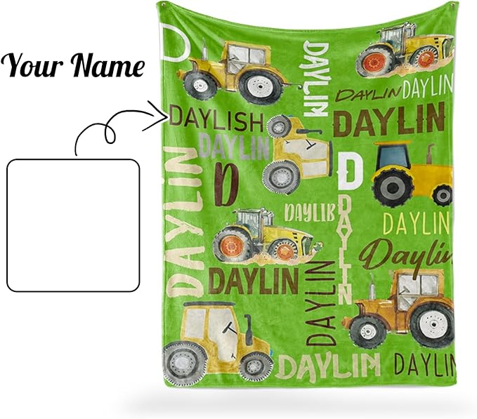 Personalized Tractors Blanket - Custom Name with Farm Tractor Trucks Design - Soft Plush Flannel Bed Blanket for Baby Kid Teen Boys Girls Customized Gifts Bright Green