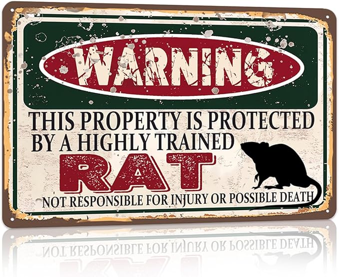 Vintage Rat Metal Sign Wall decor | Warning this property is protected by a highly trained Rat Sign Funny Tin Signs 12x8 Inch