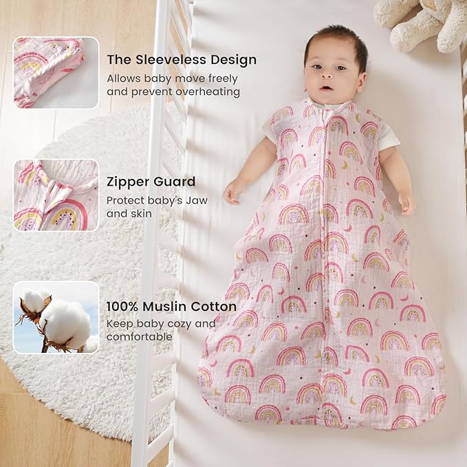 PHF 100% Muslin Cotton Baby Sleep Sacks, 12-18 Months Sleep Sack with 2-Way Zipper, 2 Pack Cooling 0.5 TOG Breathable Large Size Sleeveless Baby Wearable Blanket for Baby Girl, Rainbow