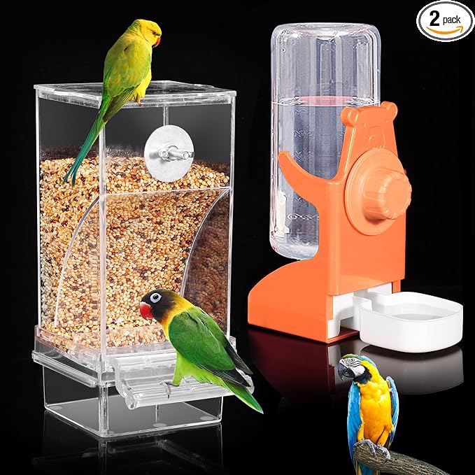 Kenond No Mess Bird Feeders Water Dispenser Set，Automatic Feeders for Cage | Automatic Parrot Feeder Cage Accessories, Clear Seed Container Food Drinker for Cage, for Cockatiel Lovebirds Budgies Canary