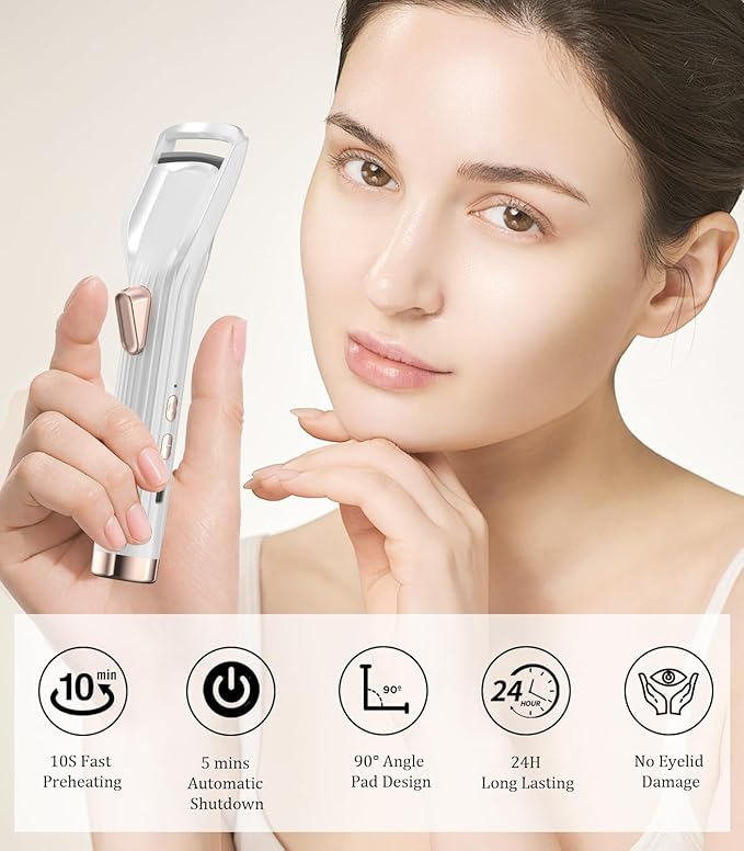 Heated Eyelash Curler Premium PRO - Fast Heat up in 8s - 24 Hours Long Lasting - Rechargeable Electric Eyelash Curler with Type-C, Innovative L Silicone, 2 Heat Modes, Anti-Burn Eyelid, White-FC