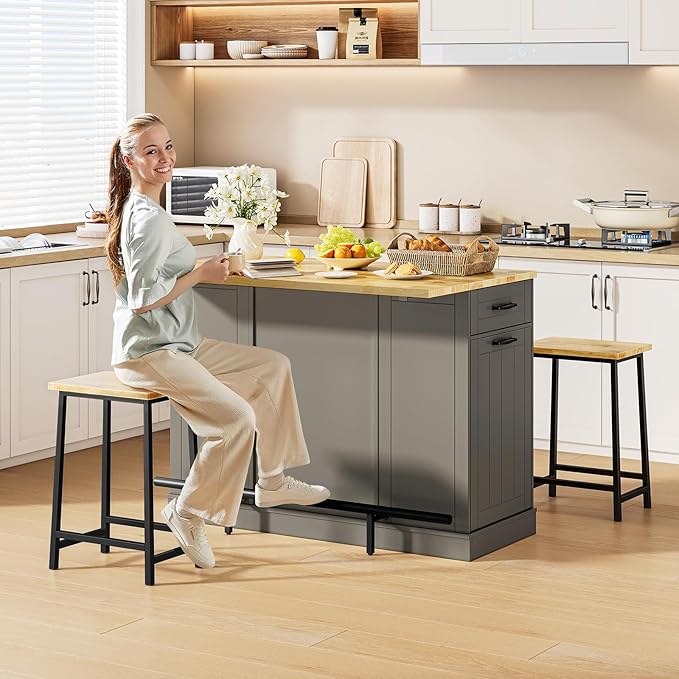 ONBRILL Stationary Kitchen Islands Include 2 Chairs, 47" Kitchen Island with Drop Leaf, Home Bar Table with Spice Rack & with Trash Cabinet, Island Table for Dining Room with Power Outlet, Grey