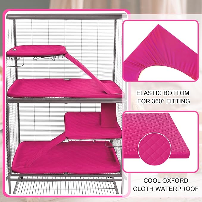 Beeveer 7 Pcs Winter Ferret Cage Liner Set Washable Ferret Pads Bedding Cage Accessories for Small Animals Hamster Rats Chinchillas Hedgehogs Guinea, Stain-Resistant Material(Light Pink)