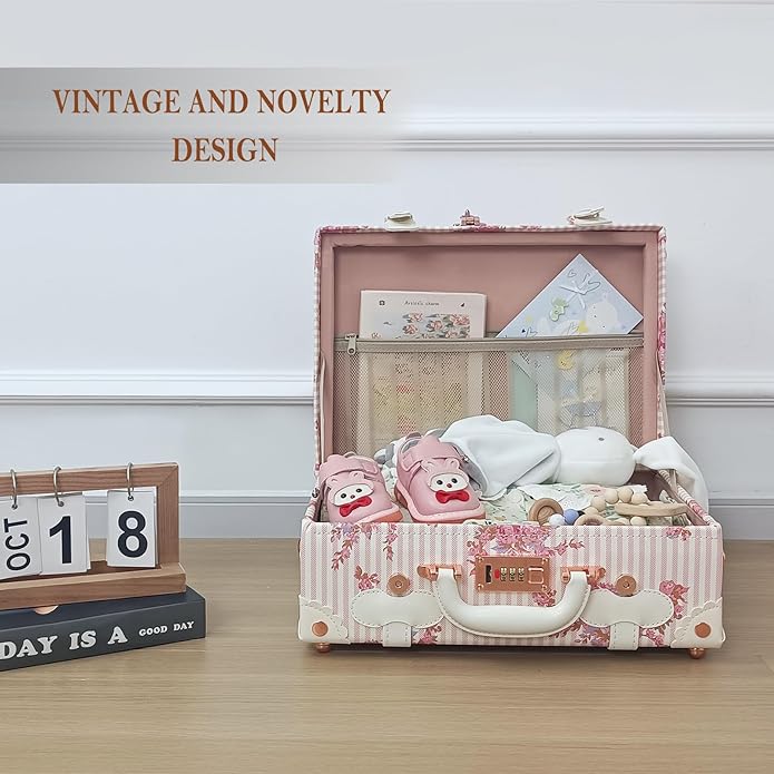 Unitravel Baby Keepsake Case, Handmade Memory Storage Box, Newborn Keepsake Box, Vintage Suitcase for Baby Shower, Baptism, Naming Ceremony or Birthday