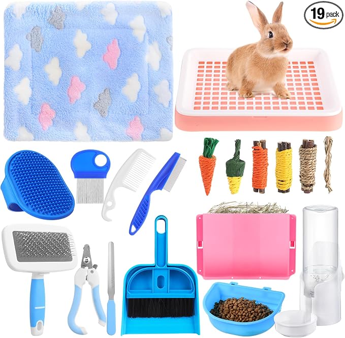 19 Pcs Rabbit Starter Kit Small Bunny Litter Box Rabbit Grooming Kit Water Bottle Bunny Toys Hay Feeder Bowl Blankets with Cleaning Set for Guinea Pig Accessories (Pink-White,Strawberry Bear)