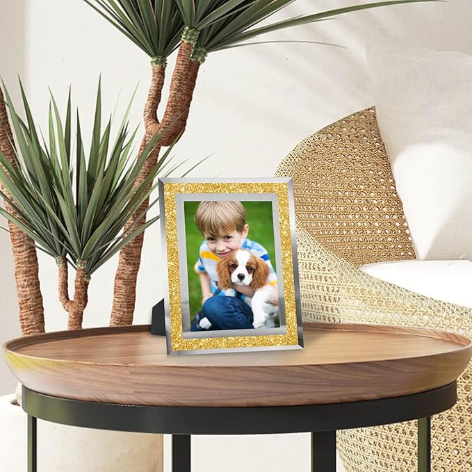 4x6 Picture Frames Gold - Set of 4, Sparkle Real Glass 4 by 6 Photo Frame with Silver Mirrored Edge, for Tabletop Display, Wedding Birthday Christmas Day Gifts (4 x 6, Glitter Gold)