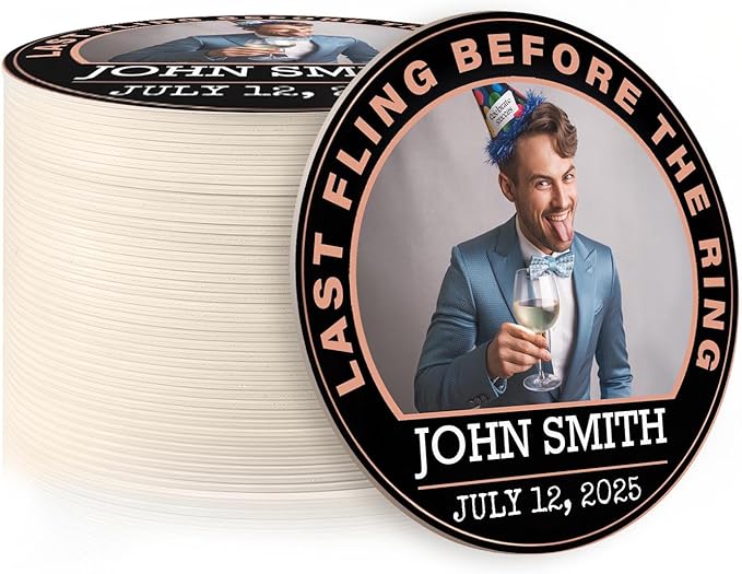 40 Pack Personalized Bachelor Party Coasters, Custom Cardboard Drink Coasters with Photo Print and Text, Fun Bachelor Party Favors and Gifts, 3.95" Round, Design 4