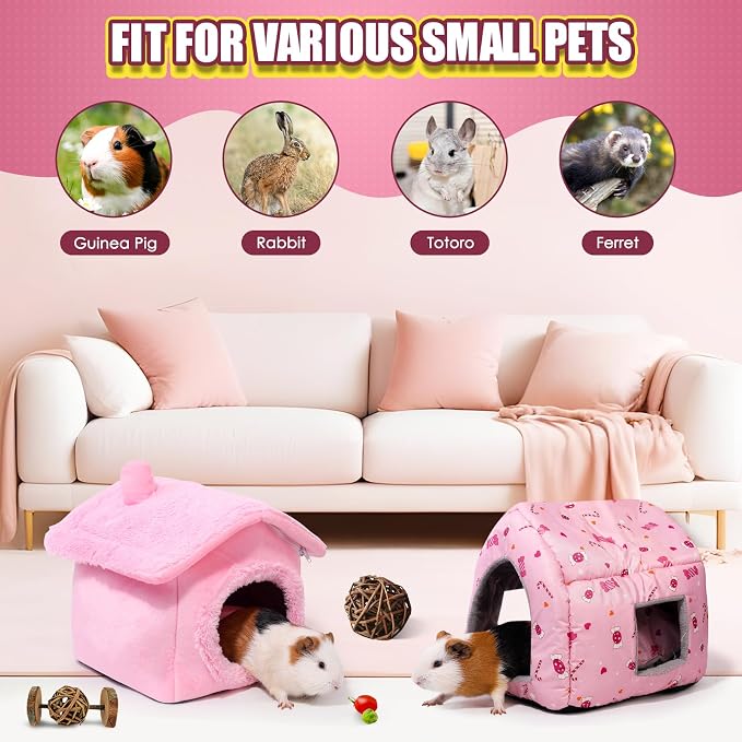 Guinea Pig Hideout - Guinea Pig Bed, Separable Plush Roof, Bunny Hideout, Rabbit Bed, House Bed for Small Pets, Pure Pink