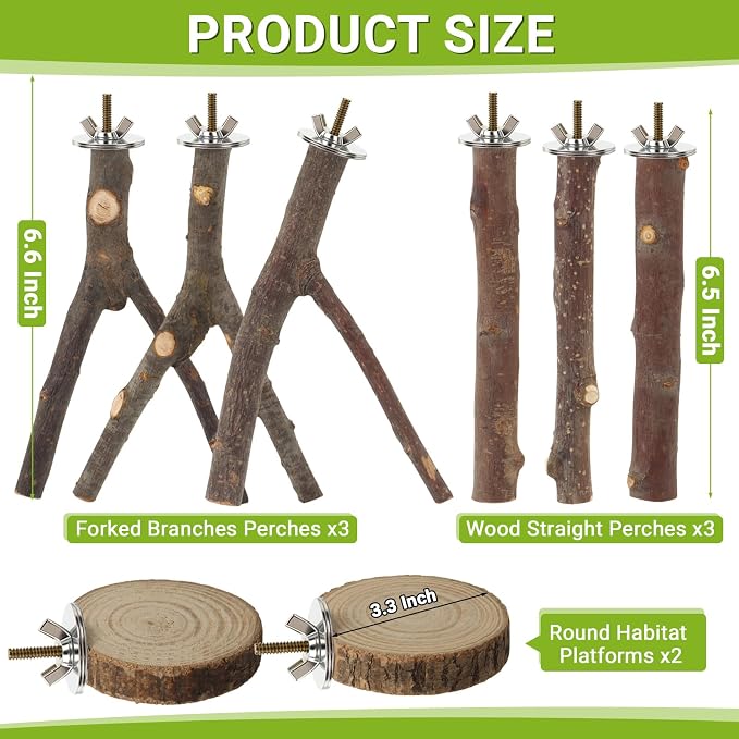 8 Pack Natural Wood Bird Perches for Cage, Wooden Parrot Perch | Wooden Parrot Stand Platforms, Hardwood Branches, Climbing & Chew Toy for Bird Cage Accessories, Ideal for Parakeets, Budgies