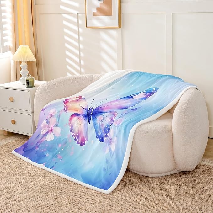 Feelyou Blue Butterfly Fleece Throw Blanket Baby 30"x40" Kids Girls Sherpa Blanket Plush Fuzzy for Bed Couch Chair Living Room, Watercolor Floral Bed Blanket Chic Room Decor