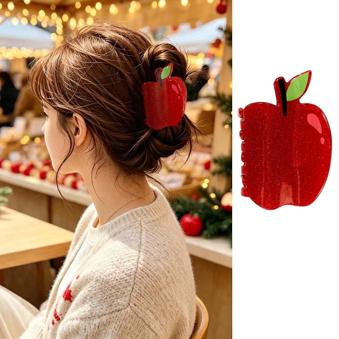 Red Apple Hair Claw Clips for Women Fruit Hair Clips Sweet Summer Jaw Clips | Cute Glitter Apple Jaw Clip Strong Hold Hair Barrettes Funny Christmas Eve Hair Clamp Daily Holiday Party Hairstyle Accessory
