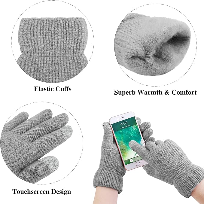 Aneco Womens Winter Warm Sets Knitted Fur Pompoms Beanie Hat Circle Loop Scarf Touch Screen Gloves Winter Favor Accessories