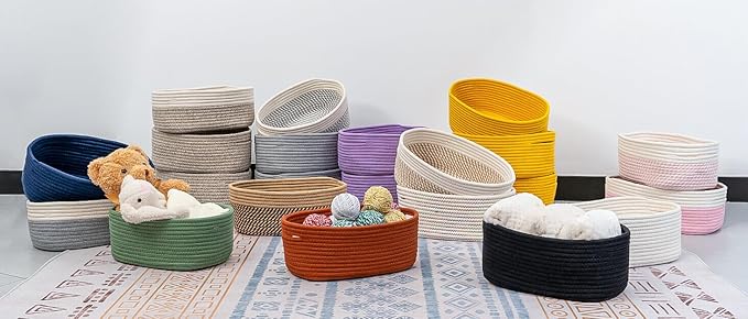 CubesLand Small Storage Baskets for Shelves, Closet Organization Bins Empty Gift Basket 2 Packs Baby Nursery Woven Organizing, Rectangular Clothes Shelves Off White/Mixed Camel