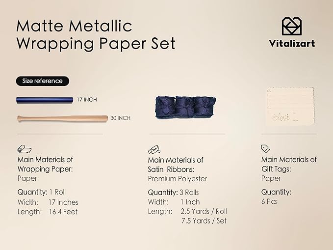 Vitalizart Blue Matte Metallic Wrapping Paper Set 17" With Silk Satin Ribbon & Gift Tags Christmas Gift Wrapping Birthday Baby Shower Wedding Bouquets Handmade Crafts 197"(16.4 Ft) Blue Ribbon