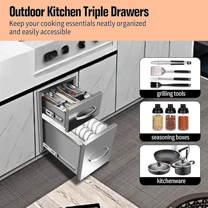 Outdoor Kitchen Drawers Stainless Steel 13W x 20.5H x 21D, Flush Mount Double BBQ Island Drawers with Handle for Outdoor Kitchens, Patio or Grill Station