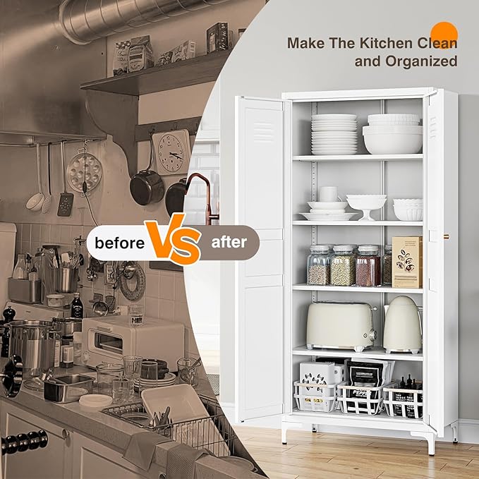 Yizosh Metal Storage Cabinet with 2 Doors and 4 Adjustable Shelves - 61" White Kitchen Pantry Storage 5-Tier Tall Steel Cabinets Locker for Kitchen, Living Room, Dining Room