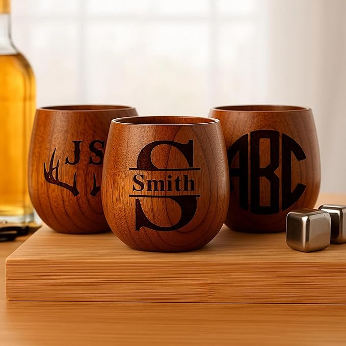 Personalized Monogram Wooden Whiskey Glass, Engraved 10 oz Wooden Bourbon Cup - Best Man, Groomsmen Gifts for Wedding, Best Groomsmen Proposal Gift