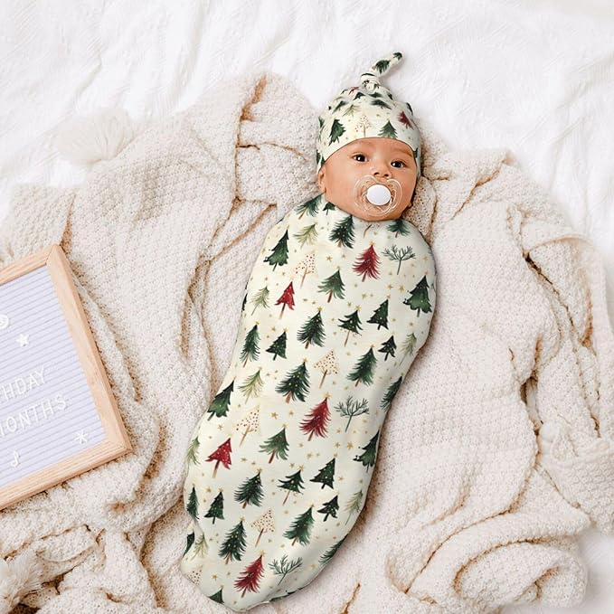 Christmas Baby Swaddle Blanket and Hat Set for Newborn Boys Girls Soft Infant Wrap Sleep Christmas Green Tree