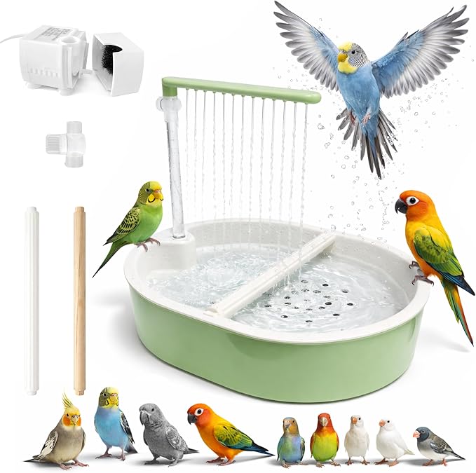 Indoor Bird Bath Fountain, Dual Rainfall Parrot Shower with Anti-Clog Pump & Filter Sponge, Adjustable Water Flow, Natural Beech Wood Perch, Bird Shower Spa for Parakeet, Cockatiel, Lovebird