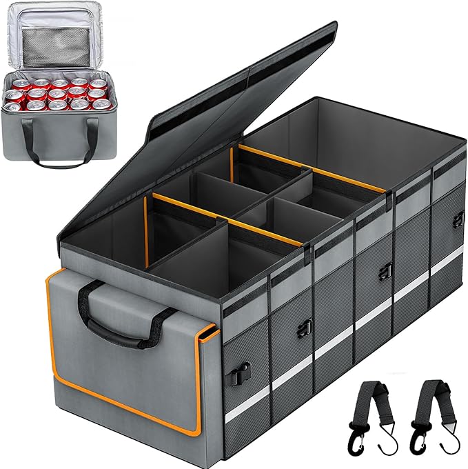 Car Trunk Organizer and Storage with Removable Leakproof Cooler Bag, 6 Removable Dividers for Custom Space, Collapsible Trunk Storage with Non Slip Bottom, Foldable Cover for SUV, Jeep, MPVs
