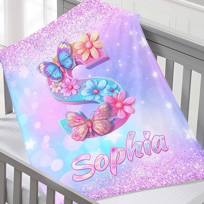 D-Story Ship Next Day, Personalized Baby Blanket with Name, Custom Baby Blanket for Kids, Butterfly Blankets in Easter Personalized Baby Gifts for Infant Newborn Shower