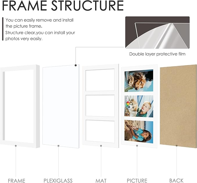 8x14 Collage Picture Frame 4x6 Collage Picture Frame Displays Three 4x6 inch Photos or 8x14 (Without Mat) for Available Horizontal Wall Mounting Display and Vertical White