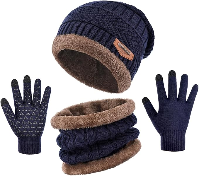 Winter Beanie Hat Scarf Glove Set for Women Snow Knit Thick Fleece Lined Ski Hat,Mens Warm Neck Warmer Touchscreen Mittens