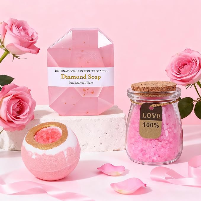 Spa Gift Basket with Bath Essentials- Pink Rose Relaxation Kit Set, Spa Items Box for Christmas Bosses day Holiday Bithday Thanksgiving Women, Wife, Mom, Sister, Girlfriend
