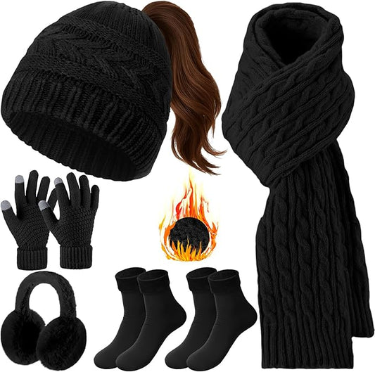 Geyoga 6 Pcs Women Winter Beanie Hat Scarf Gloves Ear Muffs Fuzzy Socks Set, Touchscreen Gloves for Thermal Gift Cold Weather