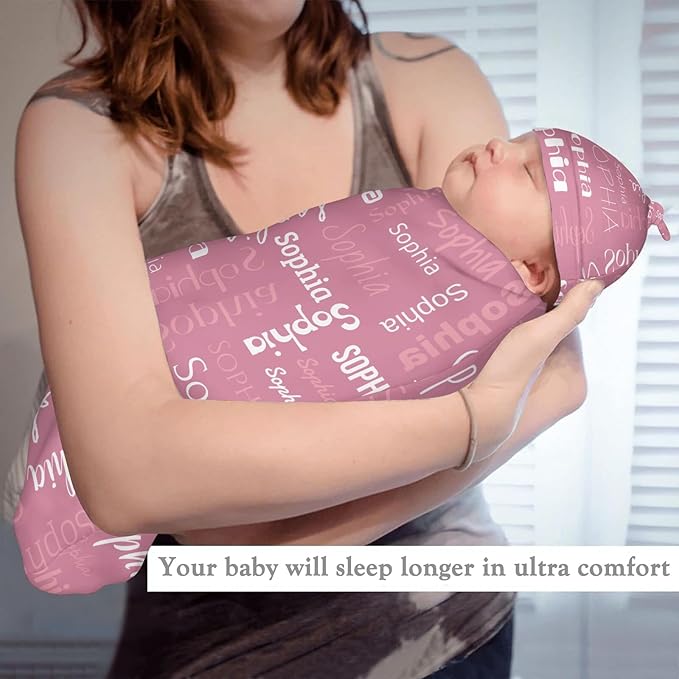 Swaddle Blanket with Hat Set Newborn Name Lettering Pink Receiving Blankets Baby Swaddle Wrap Soft Sleep Sack for Baby Boys and Girls